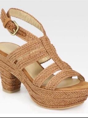 Stuart Weitzman Weavit Wedge Sandal Tan Leather 8.5 Barely Worn!!